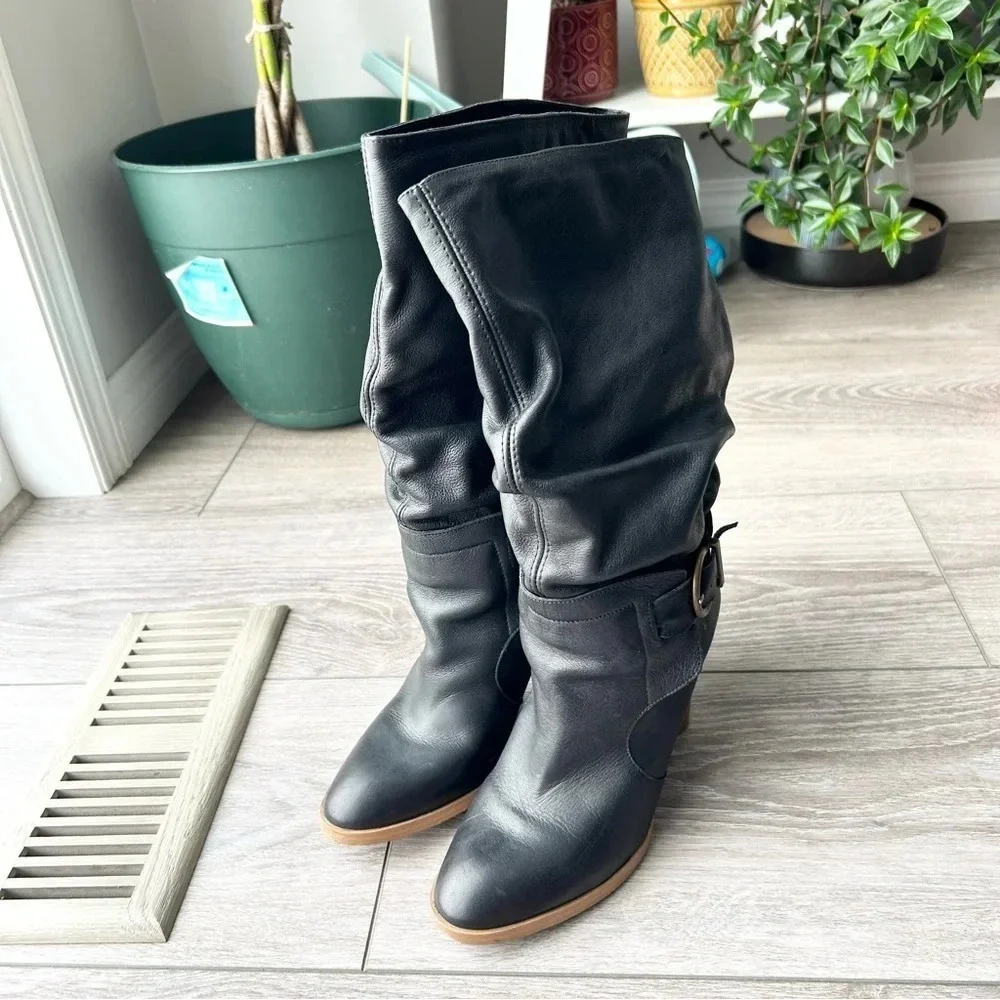 Zara Black Slouchy Leather Heeled Tall Boots  Made In Spain - Picture 2 of 15